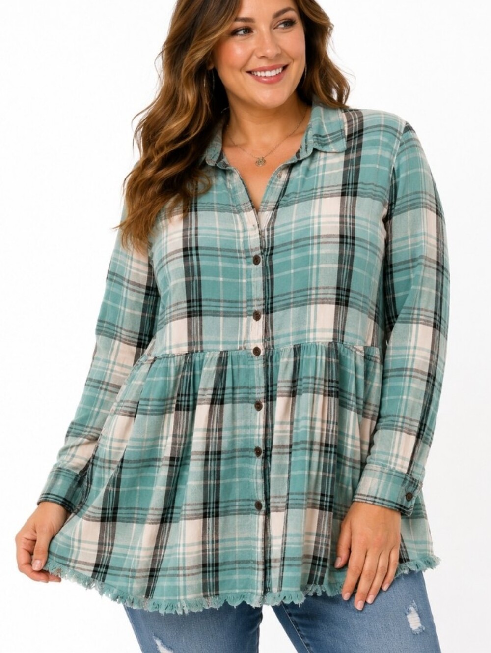True Craft Plus 2X Teal Plaid Babydoll Tunic Top